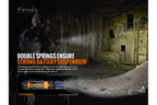 Person with a flashlight in a dark, dilapidated building with text about battery suspension.