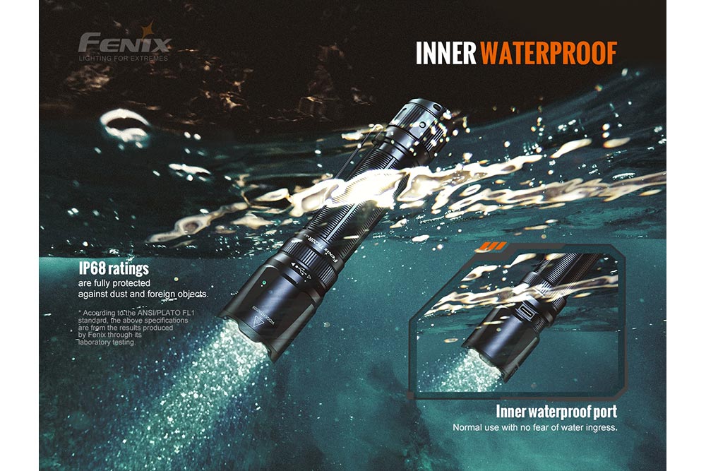 Fenix flashlight underwater with water splashes and text highlighting waterproof features.
