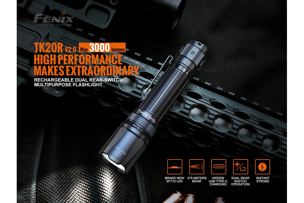 Fenix TK20R v2.0 flashlight with branding and product features on a dark background