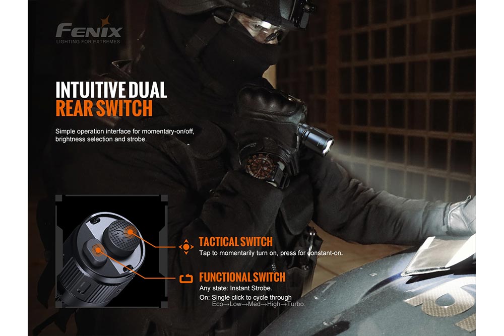Person wearing a helmet with a flashlight, demonstrating the intuitive dual rear switch feature, branded with Fenix.