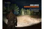 Person in camouflage walking through a forest at night with a flashlight, highlighting 'Fenix' brand.