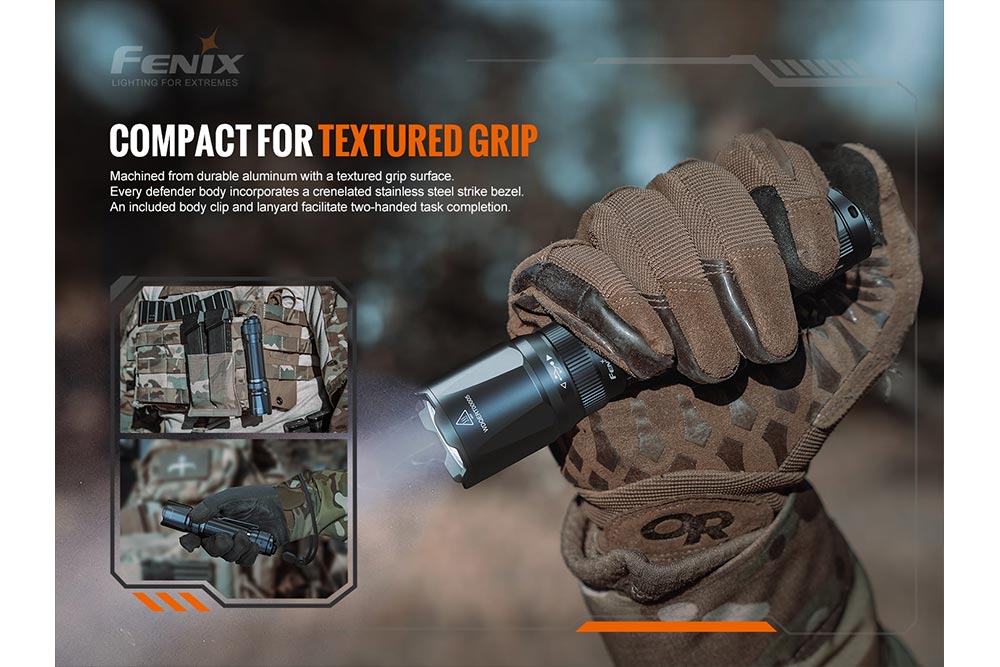 Tactical glove with flashlight and camouflage vest on a blurred background, featuring Fenix branding.