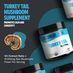 Turkey Tail mushroom supplement container with text on a dark background