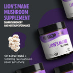 Lion's Mane mushroom supplement container with text on a dark purple background