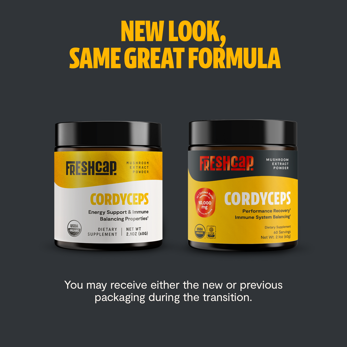 Two containers of Freshcap Cordyceps on a dark background with promotional text.