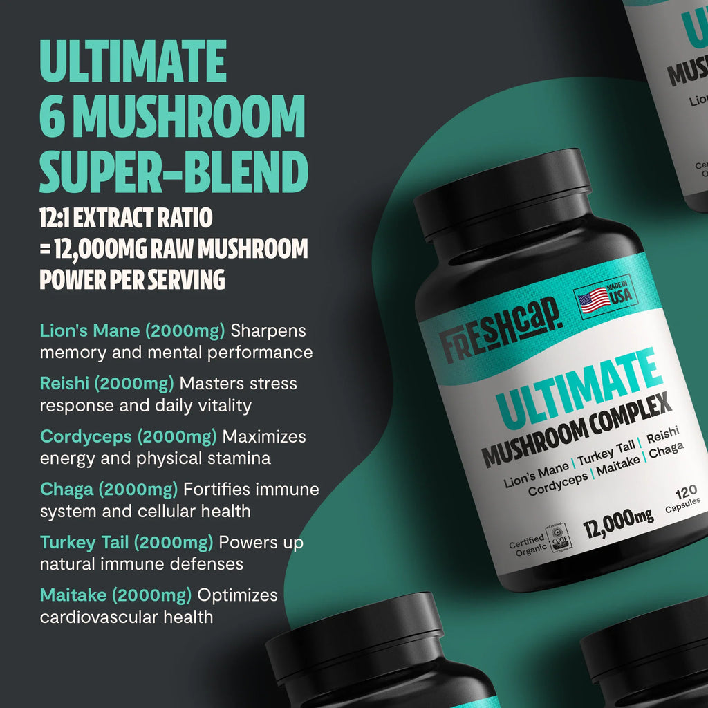 Mushroom supplement bottle with label on a dark background