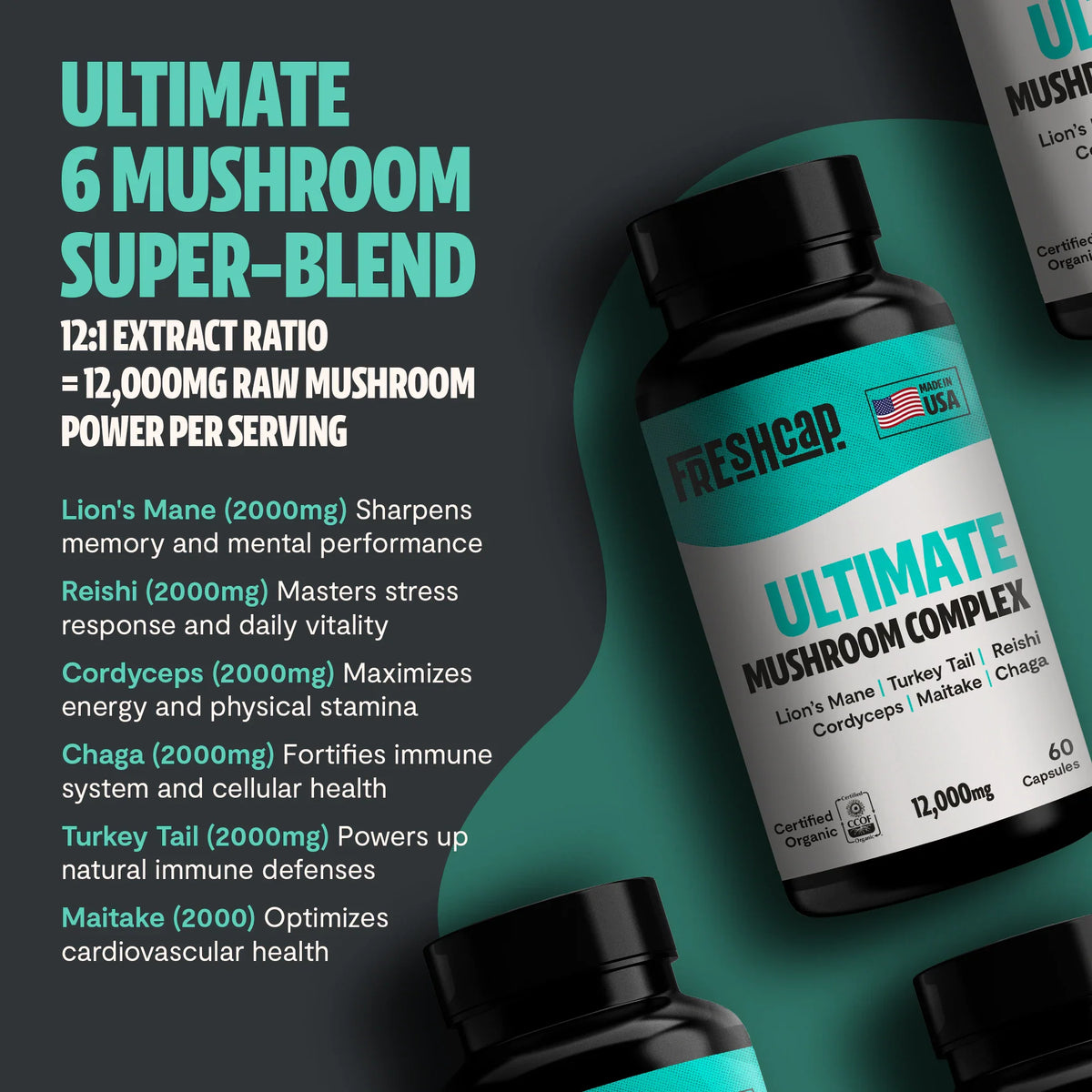 Bottle of Freshcap Ultimate Mushroom Complex with product details on a green and black background