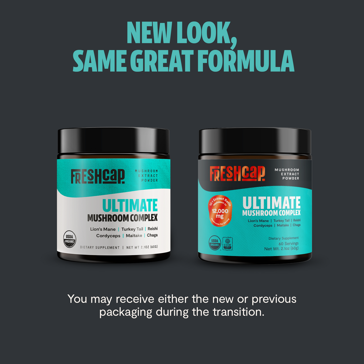 Two containers of Freshcap Ultimate Mushroom Complex on a dark background with text about new packaging.