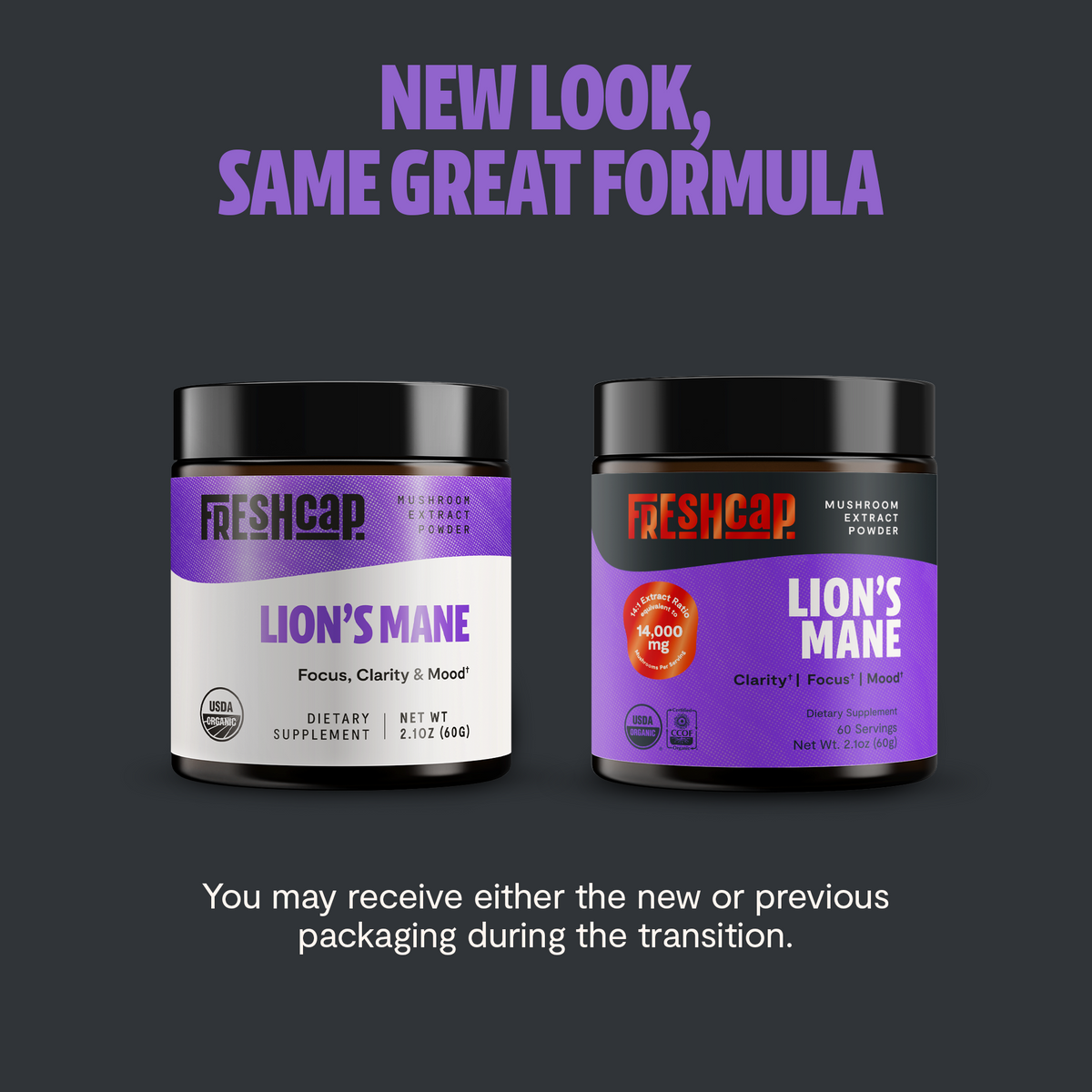 Two containers of Freshcap Lion's Mane supplement with text about new packaging on a dark background.