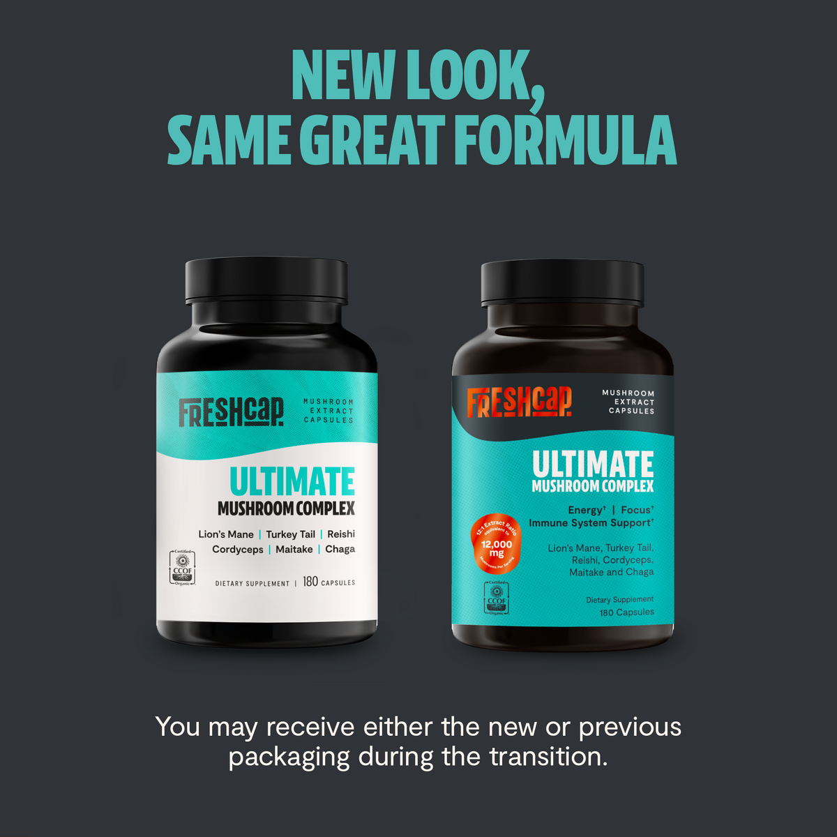Two supplement bottles labeled 'Ultimate Mushroom Complex' by Freshcap on a dark background.