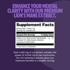 Supplement label for Lion's Mane Extract with promotional text on a purple background