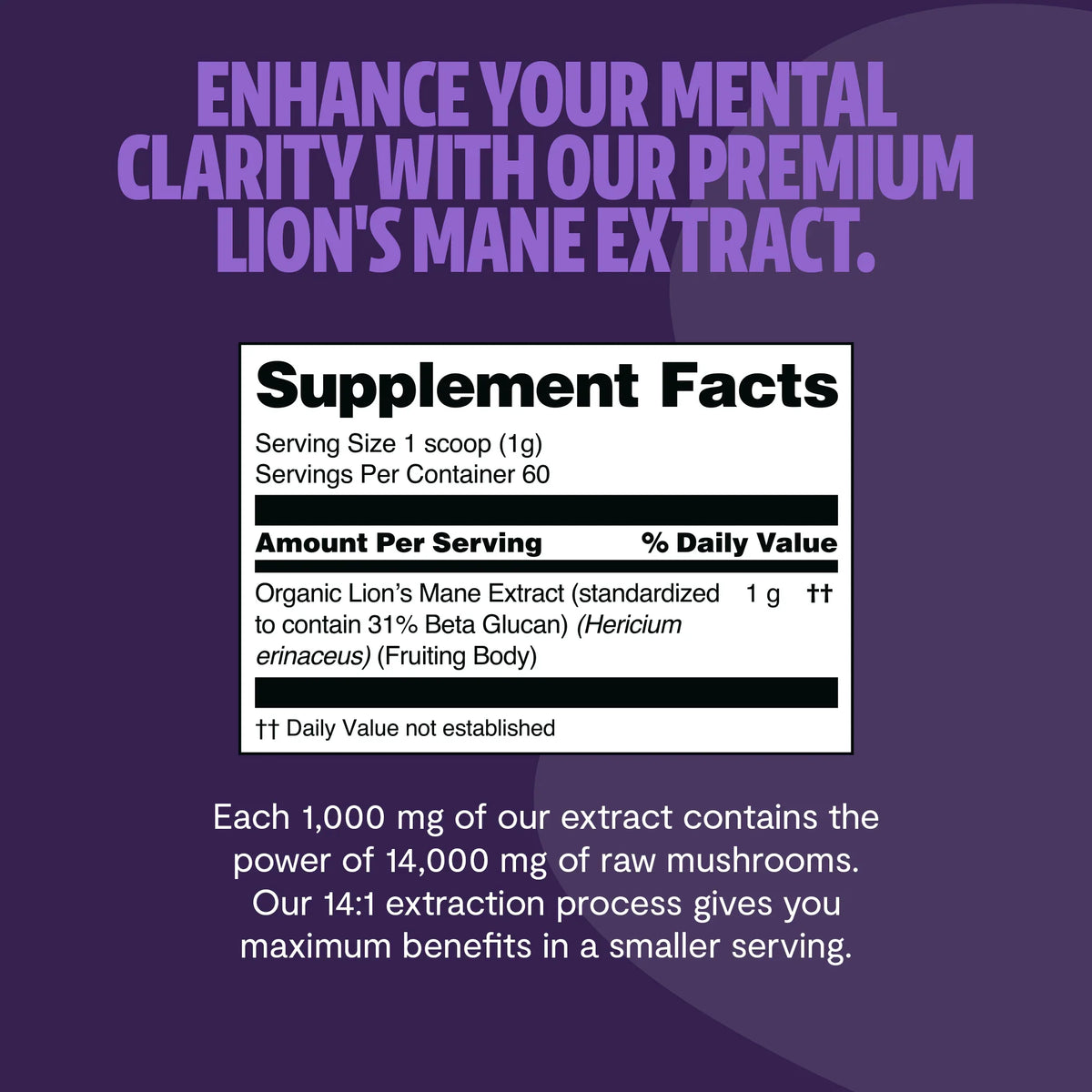 Supplement label for Lion's Mane Extract with promotional text on a purple background