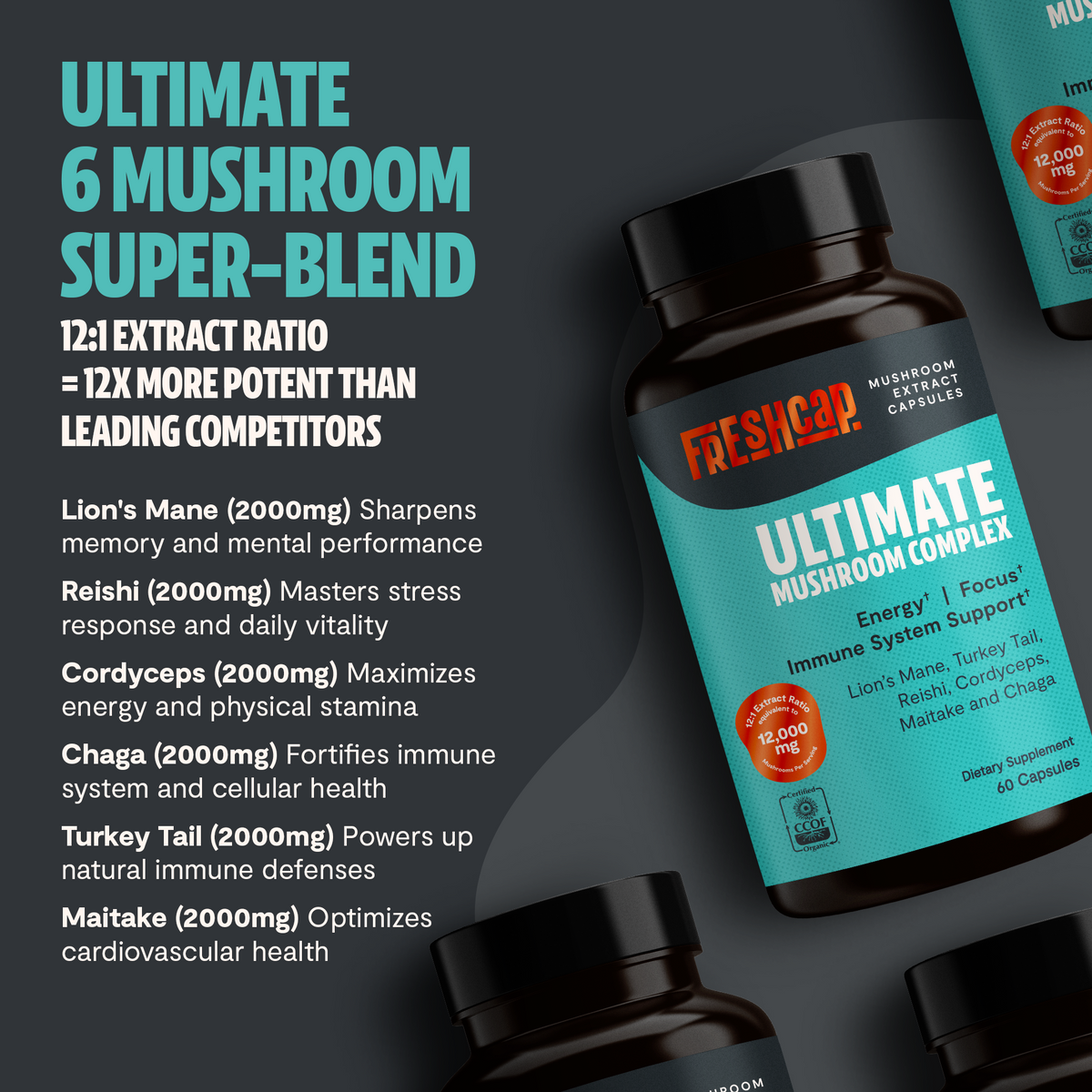Supplement bottle labeled 'Ultimate Mushroom Complex' with text detailing ingredients and benefits on a dark background.