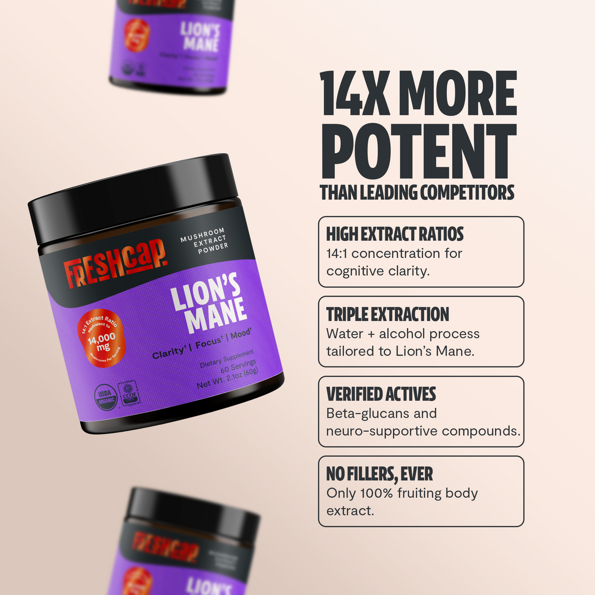 Lion's Mane mushroom extract supplement with branding and product details on a beige background