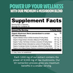 Supplement facts label for a premium 6 mushroom blend on a green background