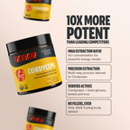 Promotional graphic for FreshCap Cordyceps supplement with product packaging and feature text on a beige background.