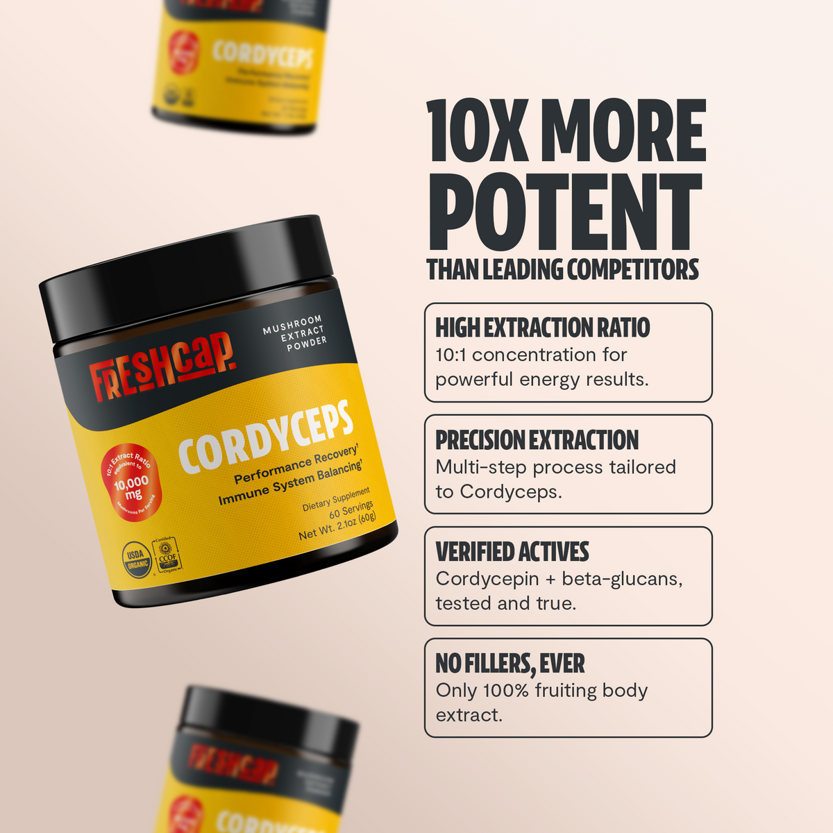 Promotional graphic for FreshCap Cordyceps supplement with product packaging and feature text on a beige background.