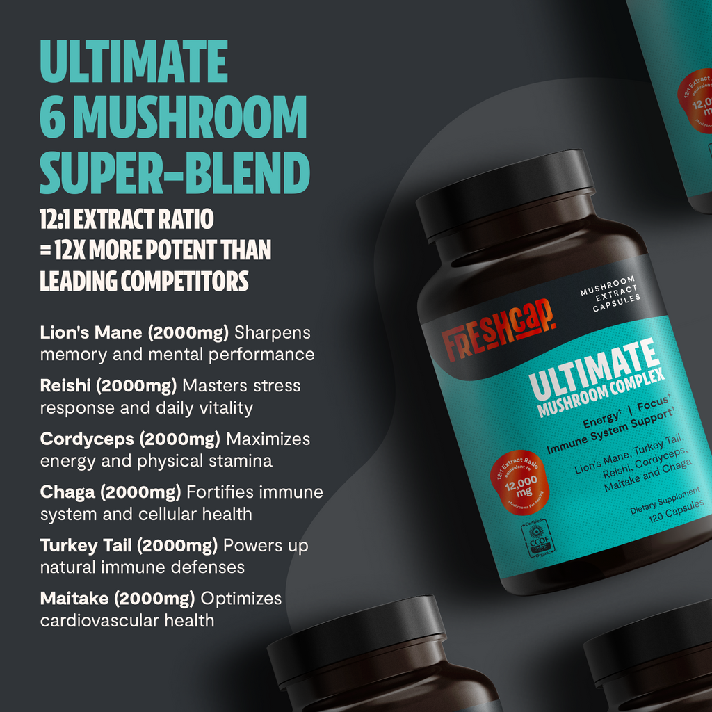 Supplement bottle labeled 'Ultimate 6 Mushroom Super-Blend' with text detailing ingredients and benefits on a dark background.