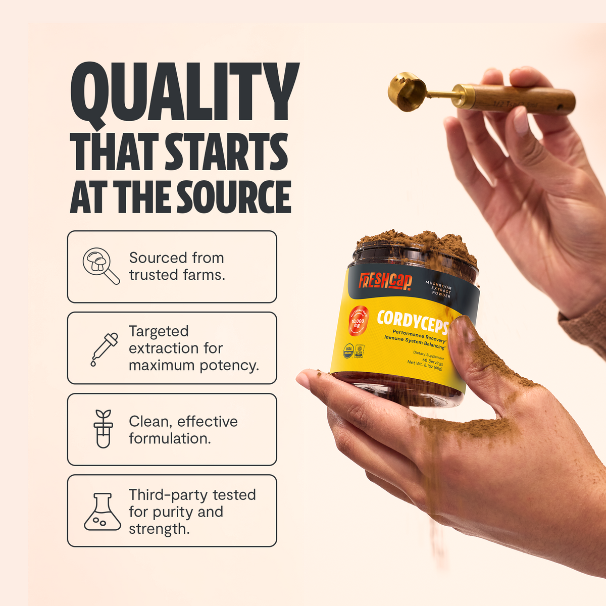 Hand holding a jar of Cordyceps supplement with text about quality and sourcing.