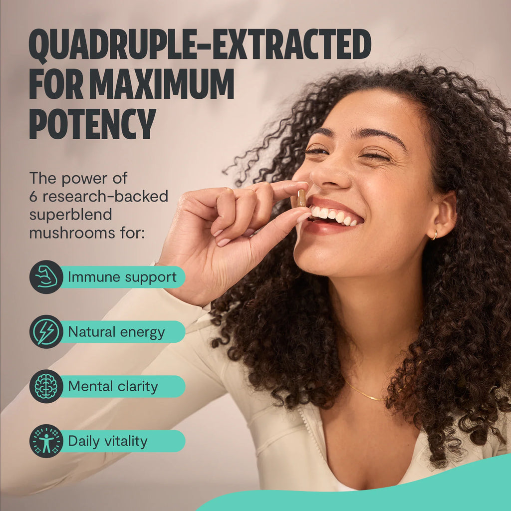 Woman holding a mushroom with text about quadruple-extracted potency and its benefits.