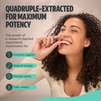 Woman holding a mushroom with text about quadruple-extracted potency and its benefits.