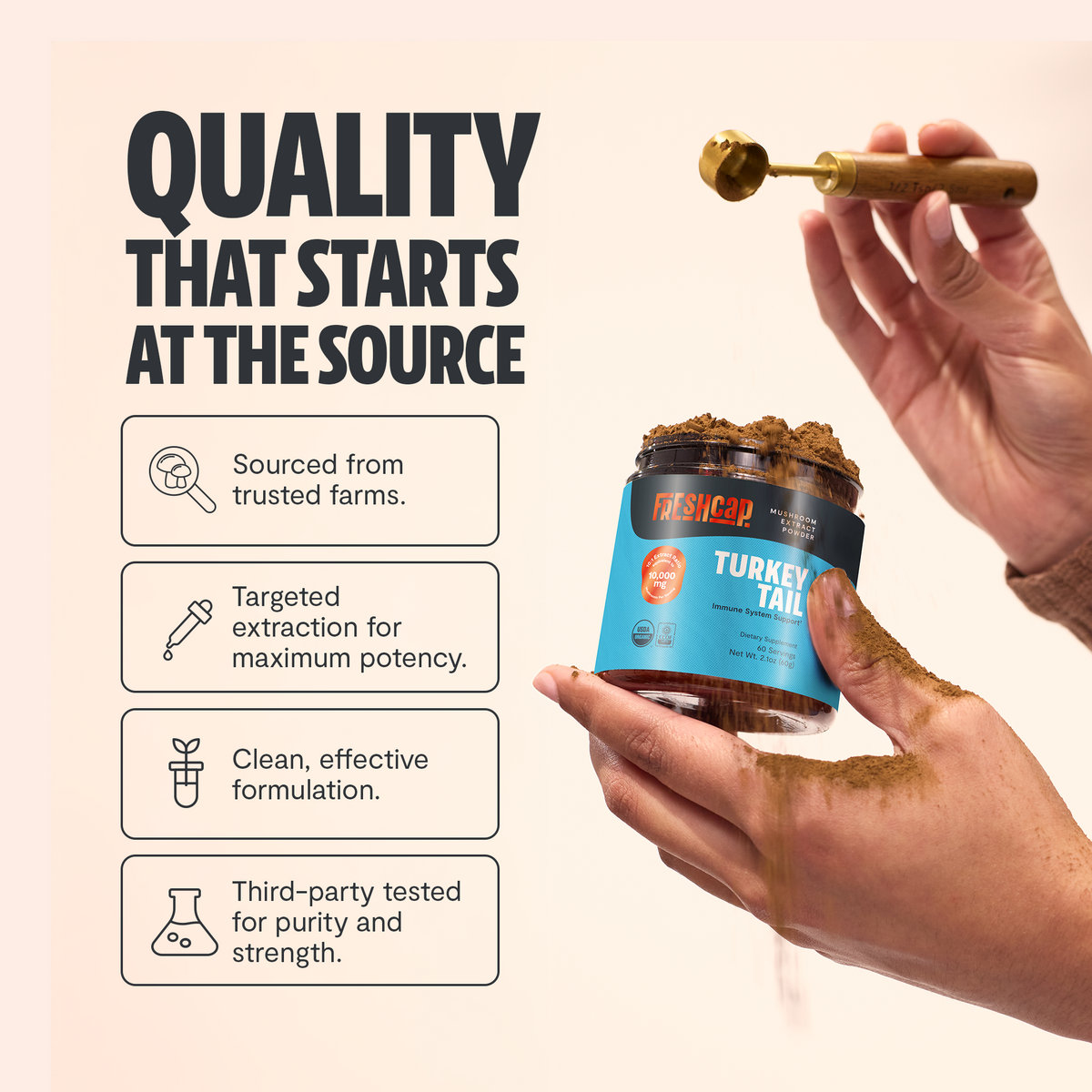 Hand holding a jar of 'Turkey Tail' supplement with text about quality and sourcing on a beige background.