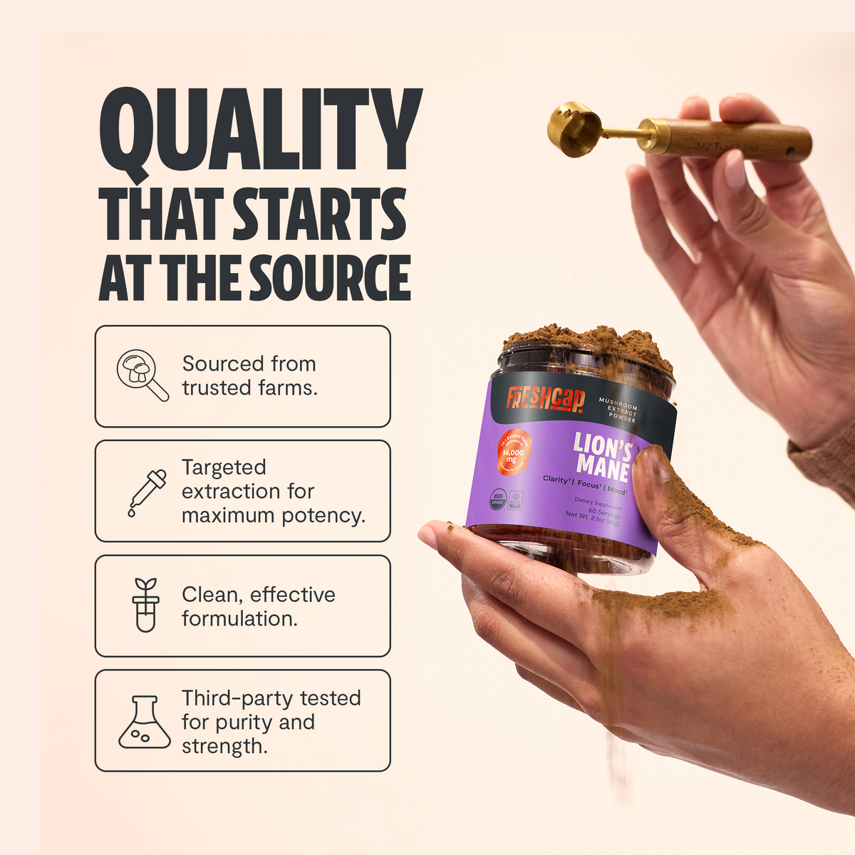 Hand holding a jar of Lion's Mane mushroom powder with text about quality and sourcing on a beige background.