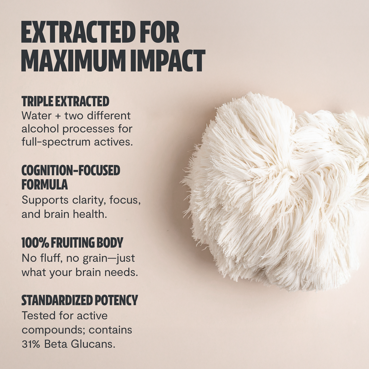 Text about a cognition-focused product with a close-up of a white mushroom on a beige background.