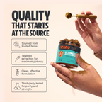 Hand holding a jar of a product with text about quality assurance on a beige background