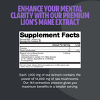 Supplement label for Lion's Mane extract with promotional text on a dark background