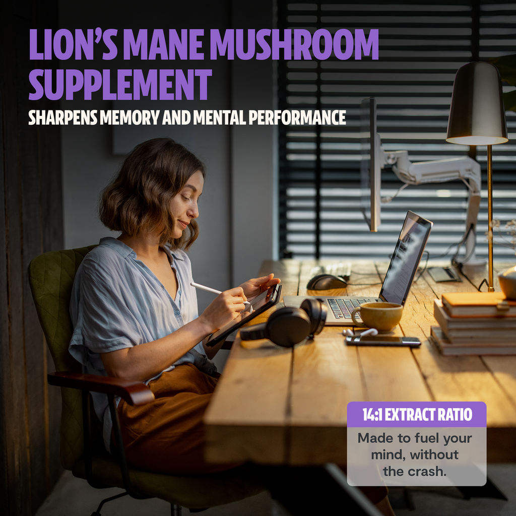 Person at a desk with text about lion's mane mushroom supplement