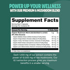 Supplement label for a premium 6 mushroom blend with text on a green background