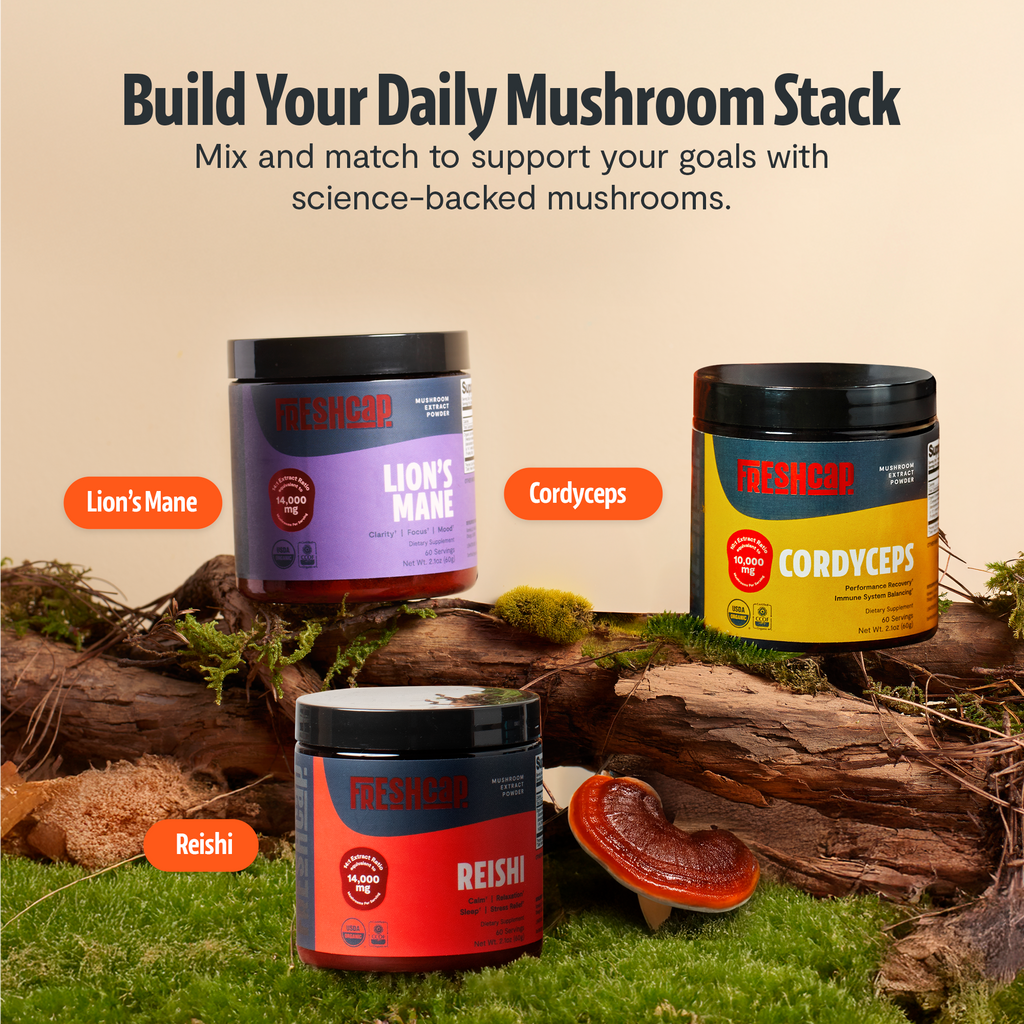 Three mushroom powder containers labeled Lion's Mane, Cordyceps, and Reishi on a natural background.