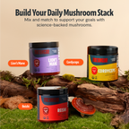 Three mushroom powder containers labeled Lion's Mane, Cordyceps, and Reishi on a natural background.