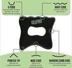 Black skin care tool with labeled features on a green background