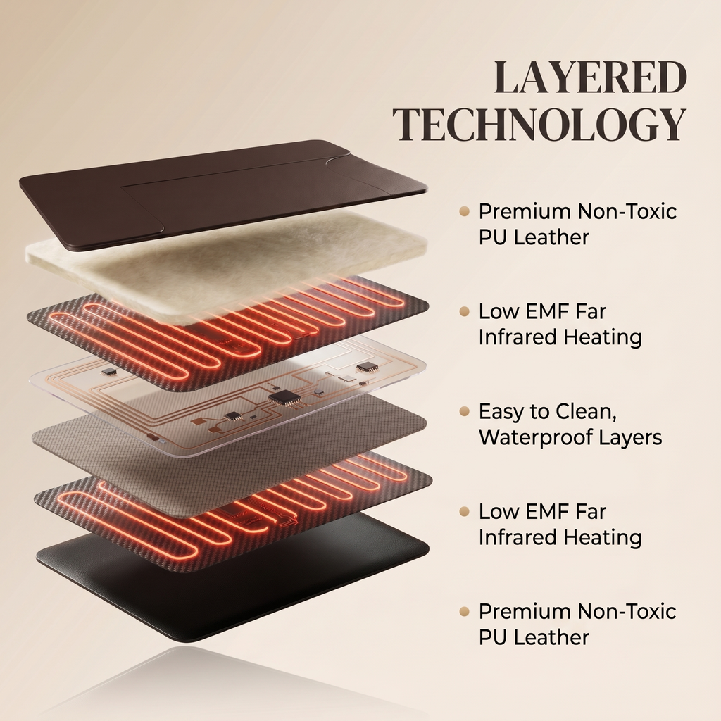 Layered technology illustration with heating elements and text on a beige background
