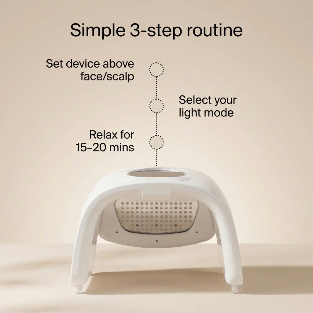 White device for face or scalp treatment with instructions on a beige background