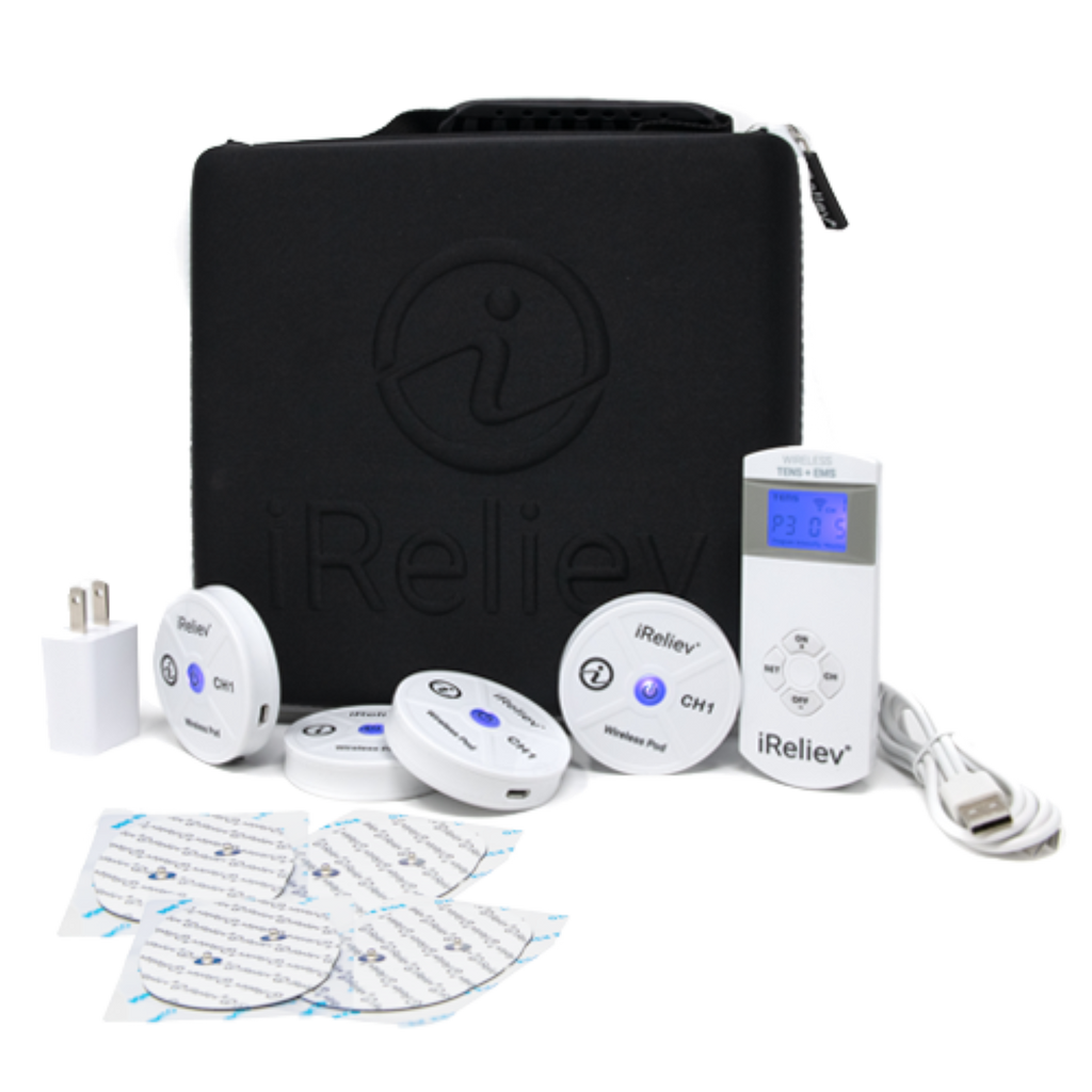 iReliev electronic device with accessories on a white background