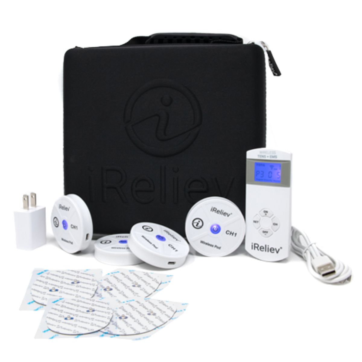 iReliev electronic device with accessories on a white background
