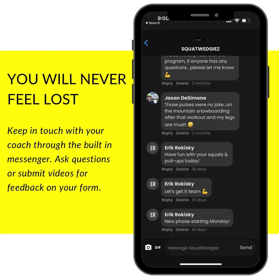 A promotional graphic showing a smartphone mockup with a dark messaging screen next to a bright yellow text panel that reads, 'YOU WILL NEVER FEEL LOST' and additional copy about keeping in touch with a coach through a built-in Messenger feature.