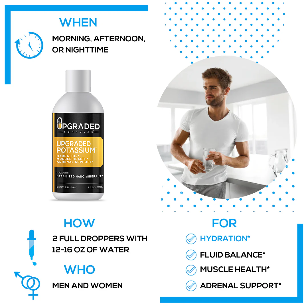 Advertisement for 'Upgraded' potassium supplement with a man holding a glass of water.