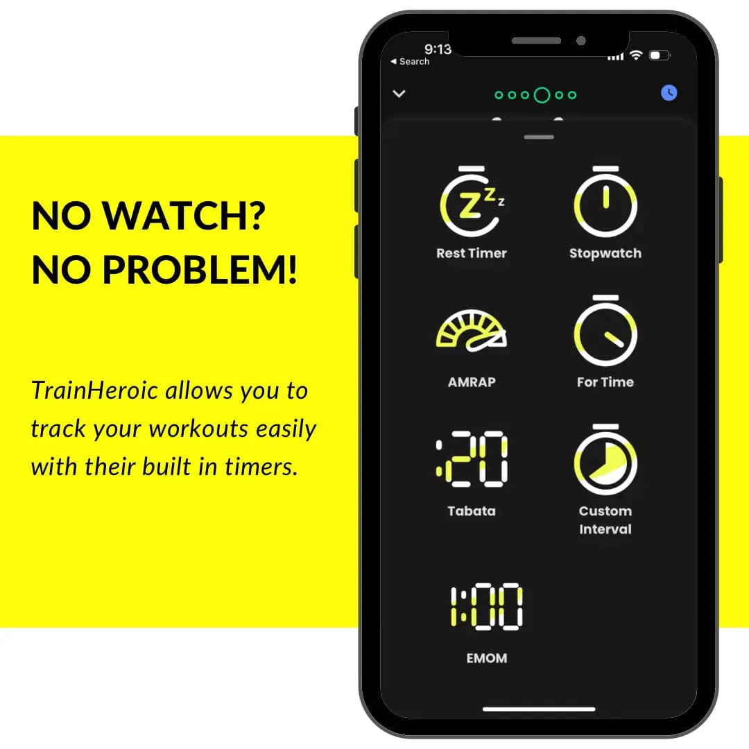 A smartphone shown on a white background with a bright yellow side panel containing the text 'NO WATCH? NO PROBLEM! TrainHeroic allows you to track your workouts easily with their built in timers.' The phone screen displays fitness timers and workout tracking icons.