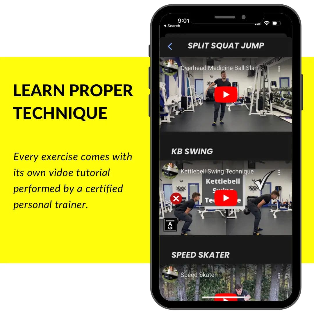 A promotional graphic for a fitness app or video tutorial, showing a smartphone screen with exercise video thumbnails such as split squat jump, KB swing, kettlebell swing technique, and speed skater. Large text on a bright yellow background reads 'LEARN PROPER TECHNIQUE' and 'Every exercise comes with its own video tutorial performed by a certified personal trainer.