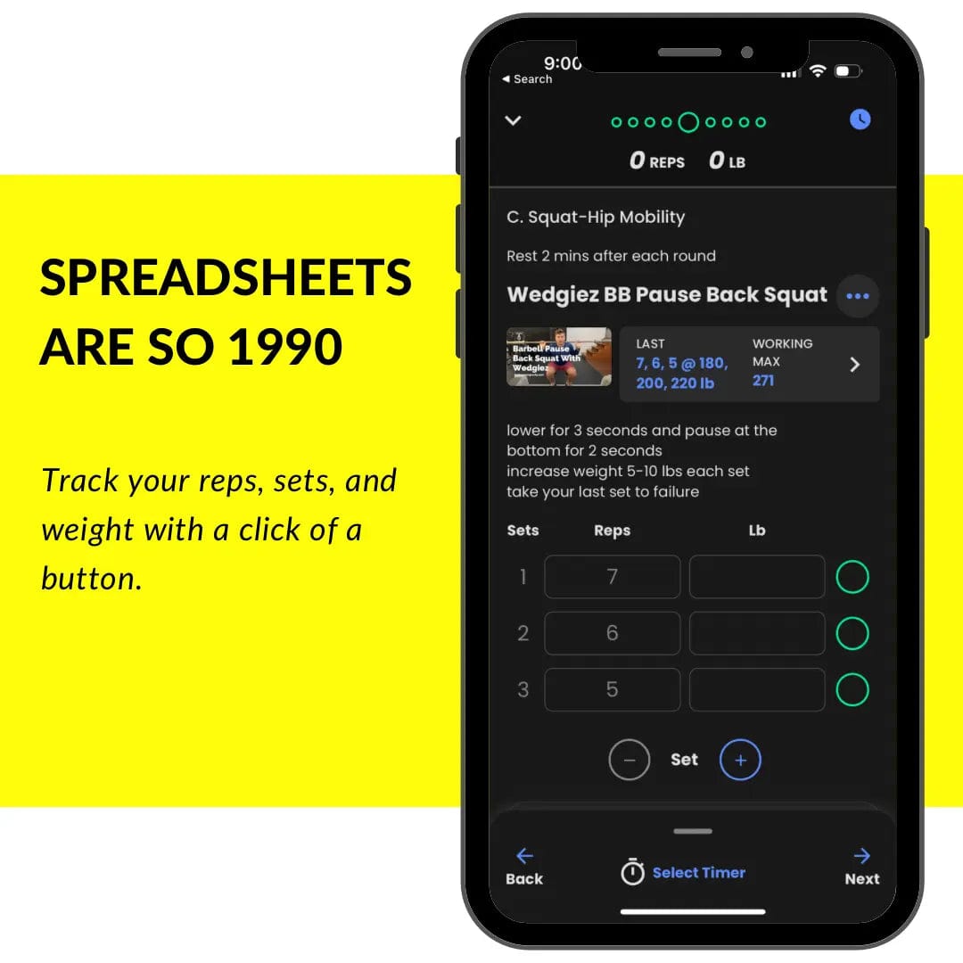 A smartphone app interface shown on a black phone mockup, displaying workout tracking with text such as 'SPREADSHEETS ARE SO 1990' and a workout plan labeled 'Wedgiet BB Pause Back Squat.' The left side has a bright yellow background with black text, while the phone occupies the right side against a white background.
