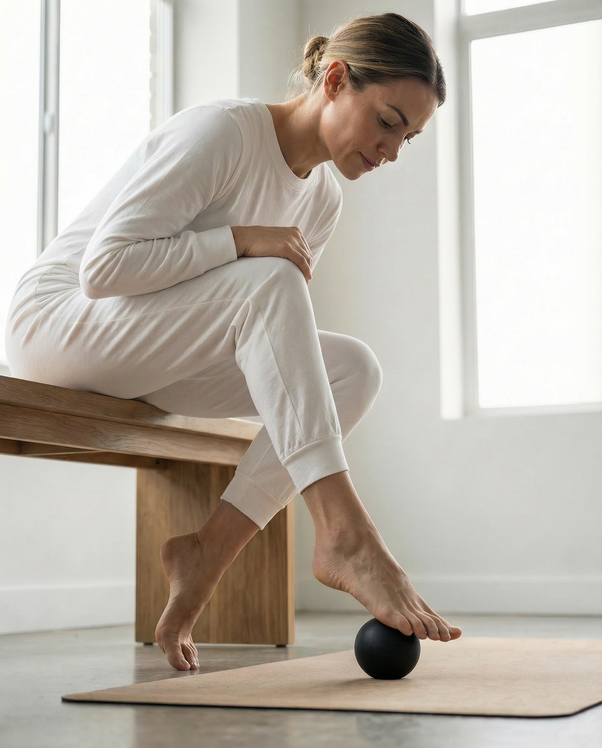 Woman practicing yoga with a black ball on a mat in a bright room.