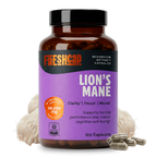 Bottle of Freshcap Lion's Mane mushroom extract capsules on a white background