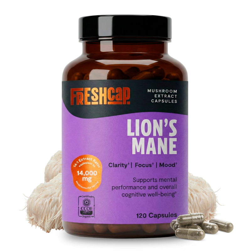 Bottle of Freshcap Lion's Mane mushroom extract capsules on a white background