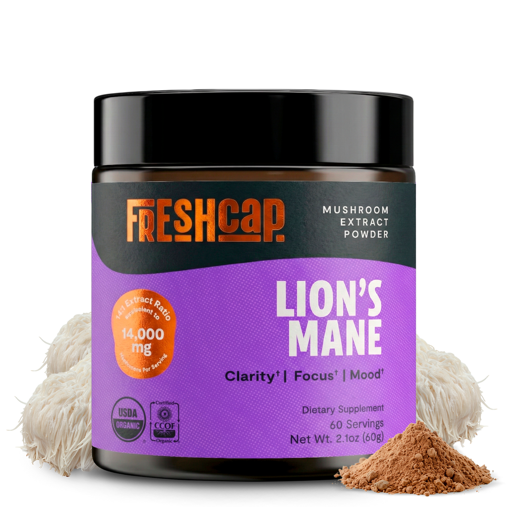 Freshcap Lion's Mane mushroom extract powder container with visible powder on a white background