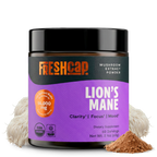 Freshcap Lion's Mane mushroom extract powder container with visible powder on a white background