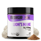 Freshcap Lion's Mane supplement container with visible ingredients on a white background